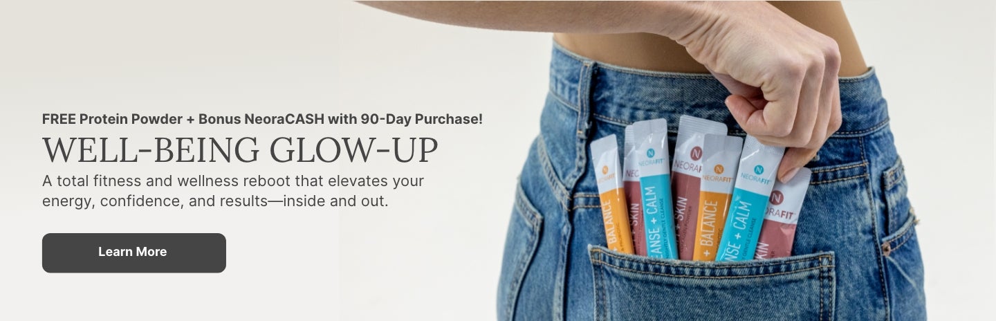 A woman holds three NeoraFit sachets to her chest. Accompanying text mentions you can learn more about a 90-Day Well-Being Glow-Up.
